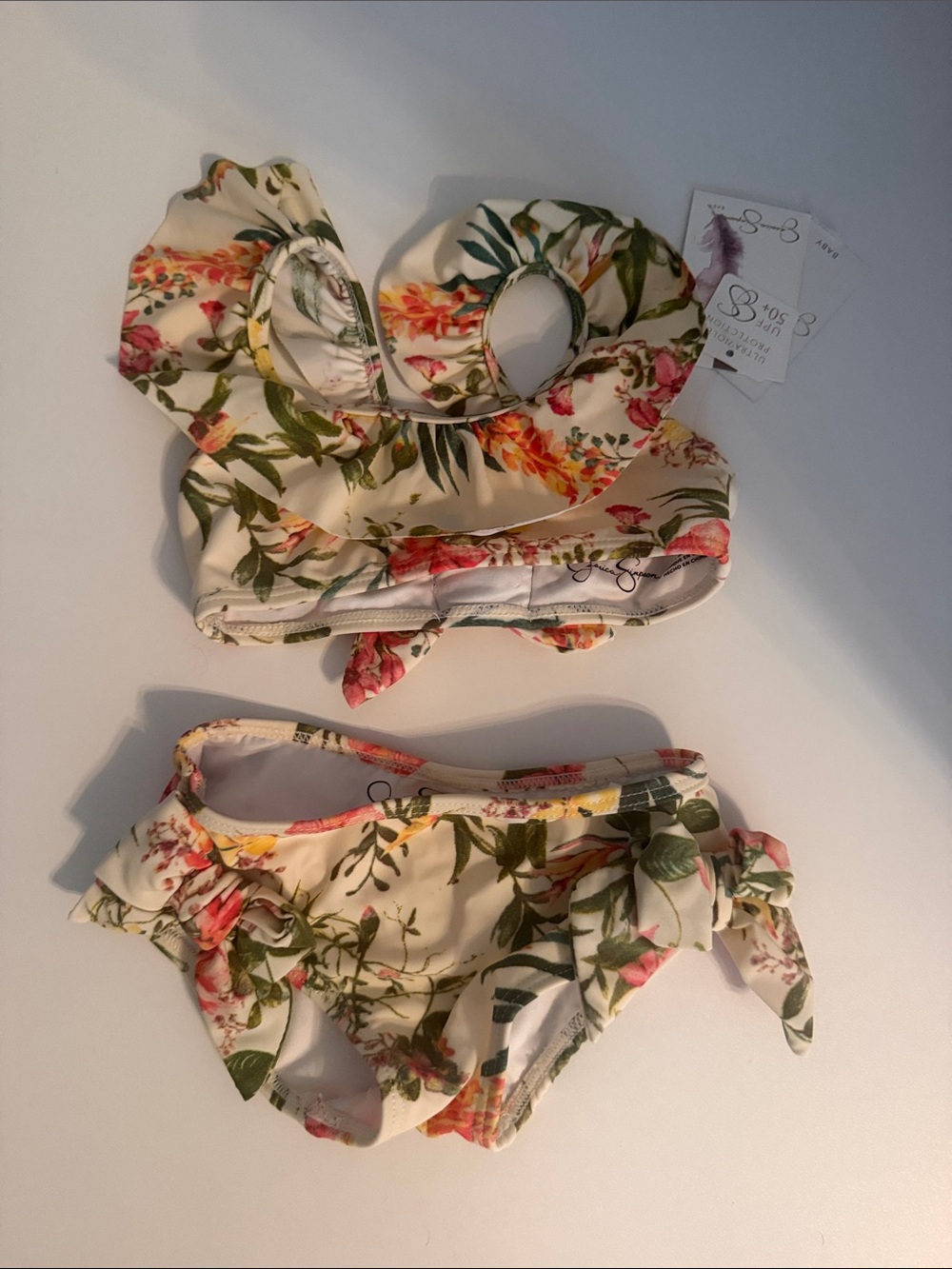 Jessica Simpson Cream Floral Ruffle Kids Bikini Set